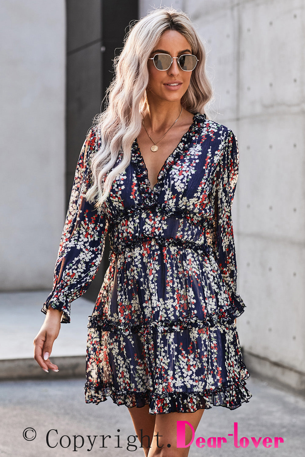 Blue Ruffle Detailing Open Back Floral Dress Floral Dresses JT's Designer Fashion