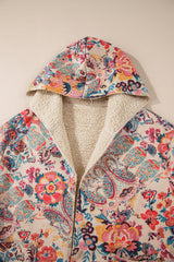 Beige Vintage Paisley Floral Printed Sherpa Lined Hooded Jacket Jackets JT's Designer Fashion