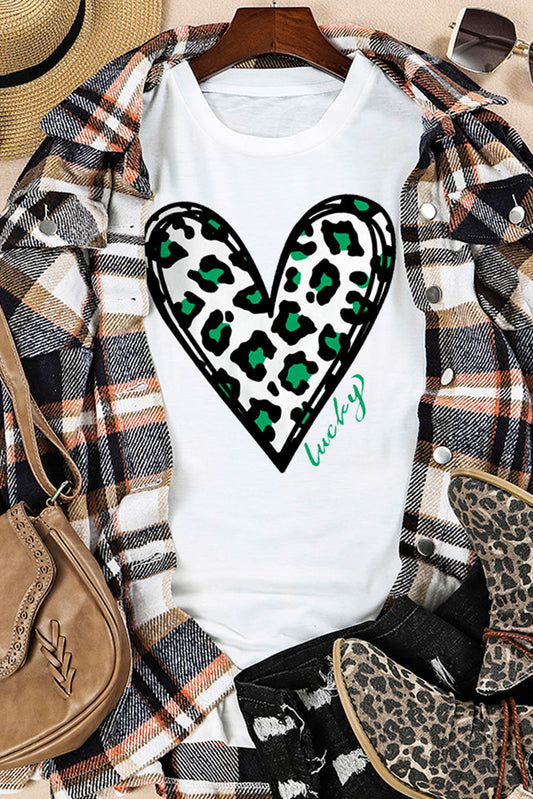 White Lucky Leopard Heart Print St Patricks Day T Shirt Graphic Tees JT's Designer Fashion