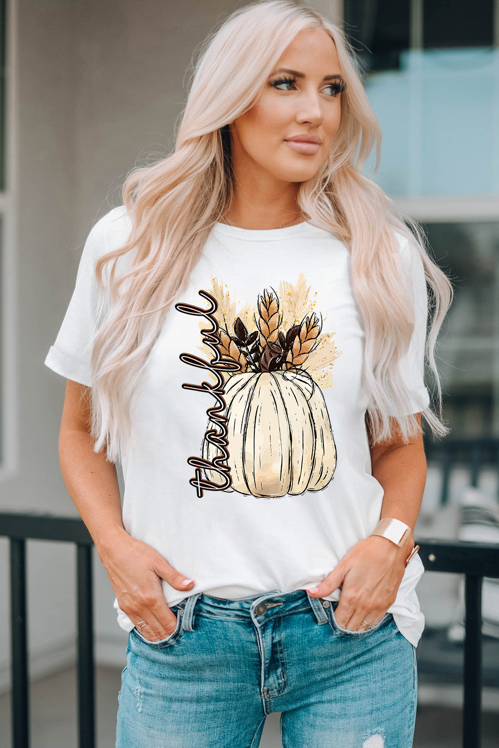 White Harvest Pumpkin Graphic Thanksgiving Tee Graphic Tees JT's Designer Fashion