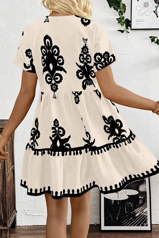 Black Vintage Print V Neck High Waist Short Sleeve Dress Mini Dresses JT's Designer Fashion