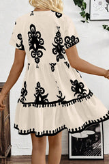 Black Vintage Print V Neck High Waist Short Sleeve Dress Mini Dresses JT's Designer Fashion