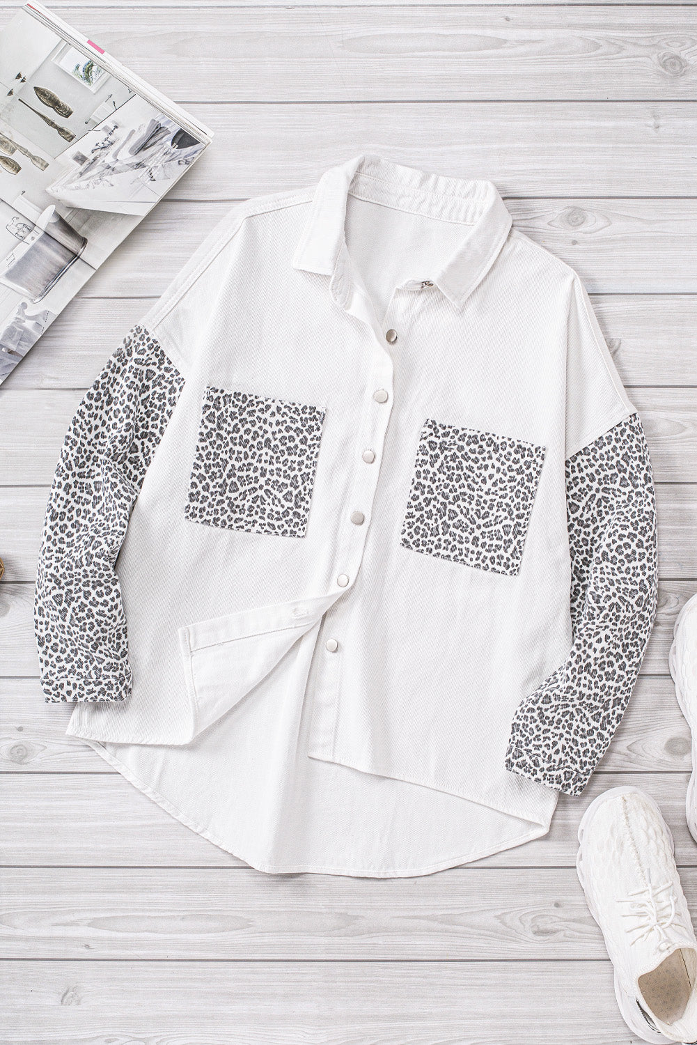 White Contrast Leopard Denim Jacket Denim Jackets JT's Designer Fashion