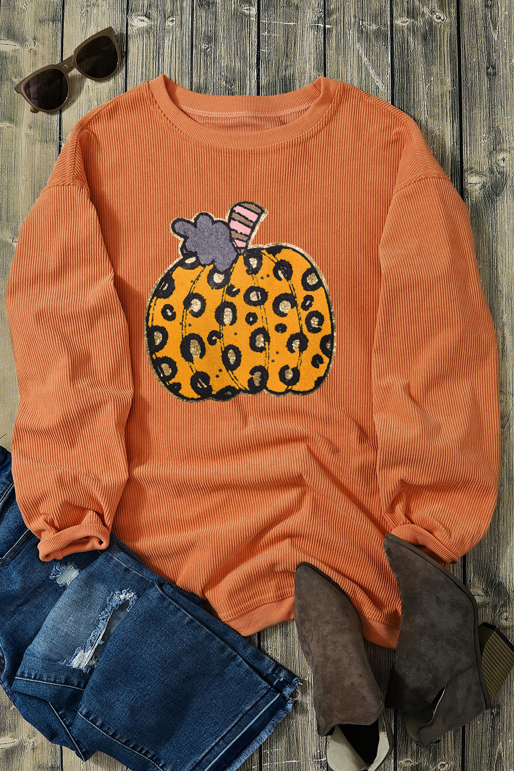 Orange Halloween Leopard Pumpkin Patchwork Ribbed Sweatshirt Graphic Sweatshirts JT's Designer Fashion