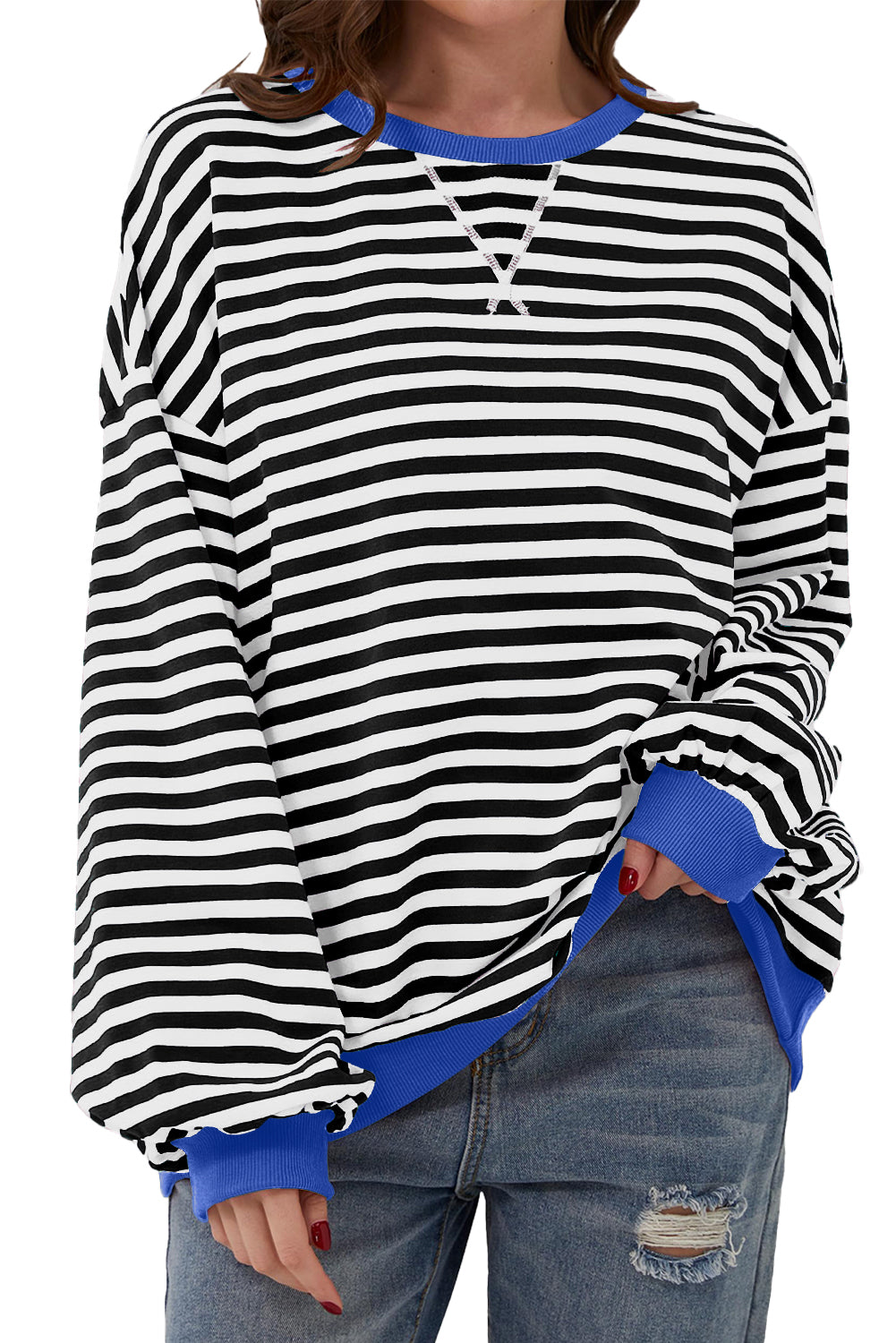 Black Stripe Oversized Contrast Trim Pullover Sweatshirt Sweatshirts & Hoodies JT's Designer Fashion