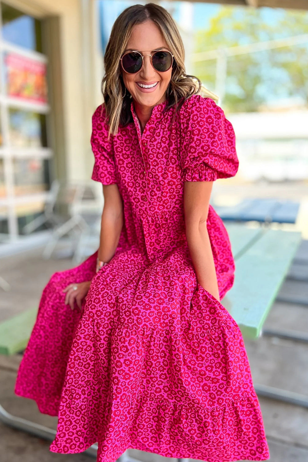 Rose Red Mock Neck Puff Sleeve Leopard Tiered Maxi Dress Dresses JT's Designer Fashion
