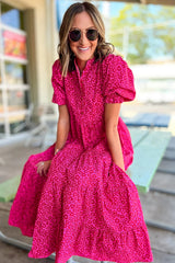 Rose Red Mock Neck Puff Sleeve Leopard Tiered Maxi Dress Dresses JT's Designer Fashion