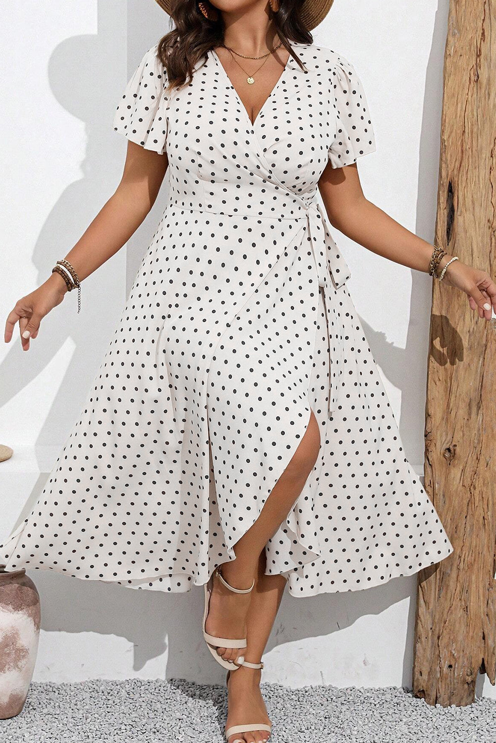 Khaki Polka Dot Surplice V Neck Tied Waist Flutter Sleeve Flowy Plus Size Midi Dress Plus Size Midi Dresses JT's Designer Fashion