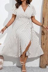 Khaki Polka Dot Surplice V Neck Tied Waist Flutter Sleeve Flowy Plus Size Midi Dress Plus Size Midi Dresses JT's Designer Fashion