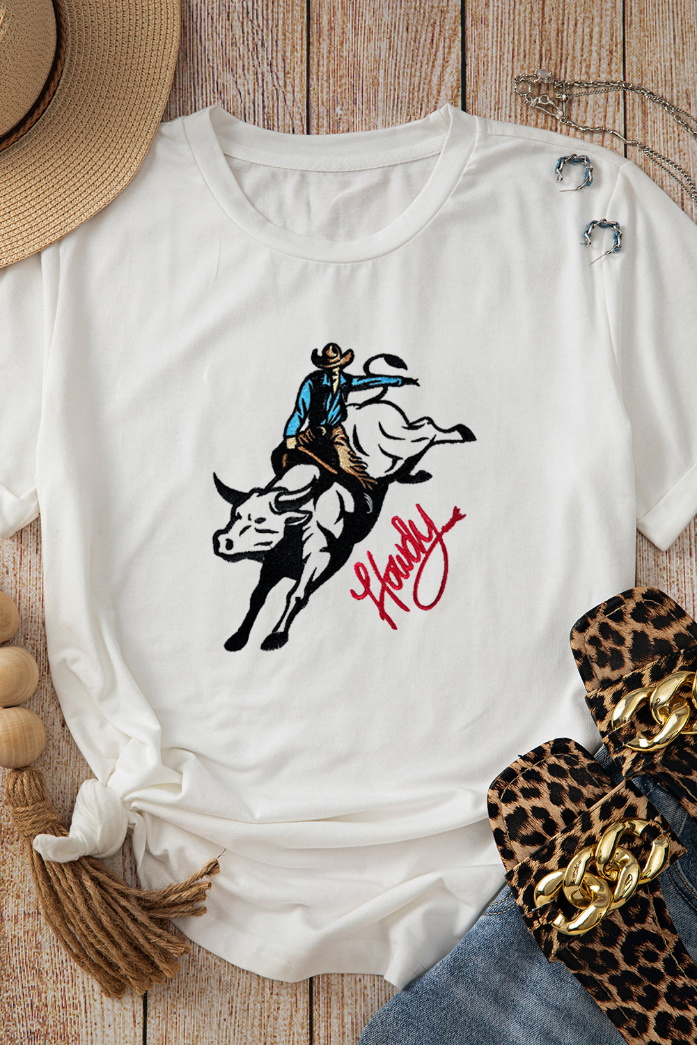 White Cowboy Howdy Embroidered Western Fashion T Shirt Graphic Tees JT's Designer Fashion