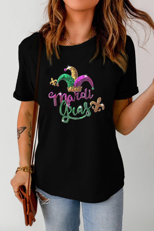 Black Mardi Gras Sequin Pattern Crew Neck T Shirt Graphic Tees JT's Designer Fashion
