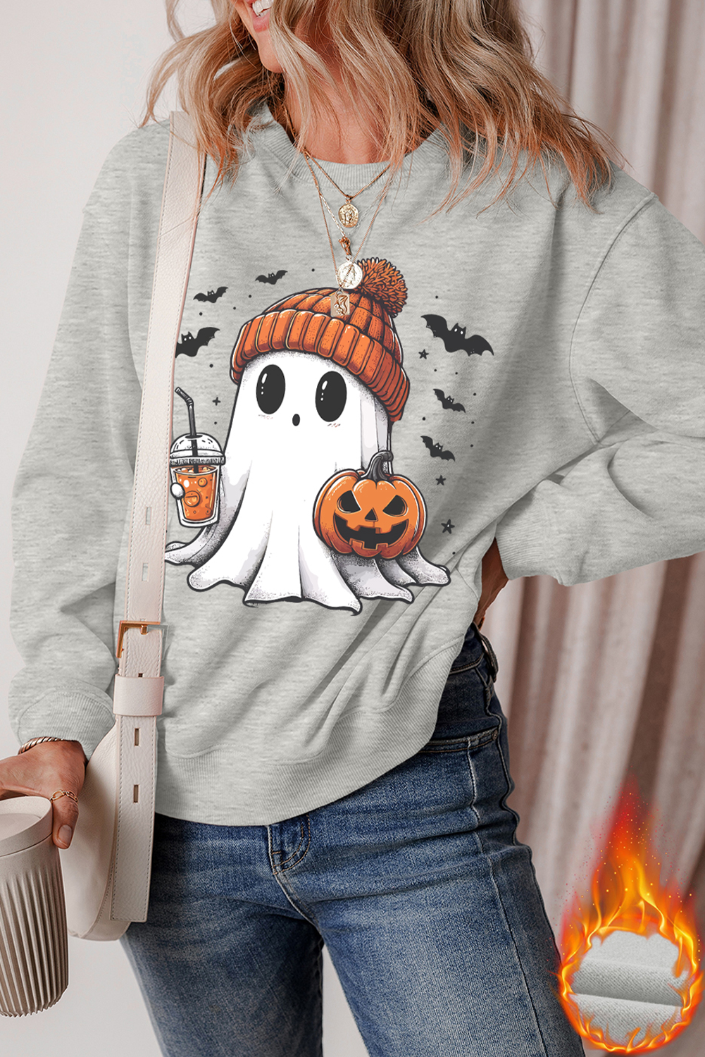 Gray Halloween Ghost Print Crewneck Drop Shoulder Sweatshirt Graphic Sweatshirts JT's Designer Fashion
