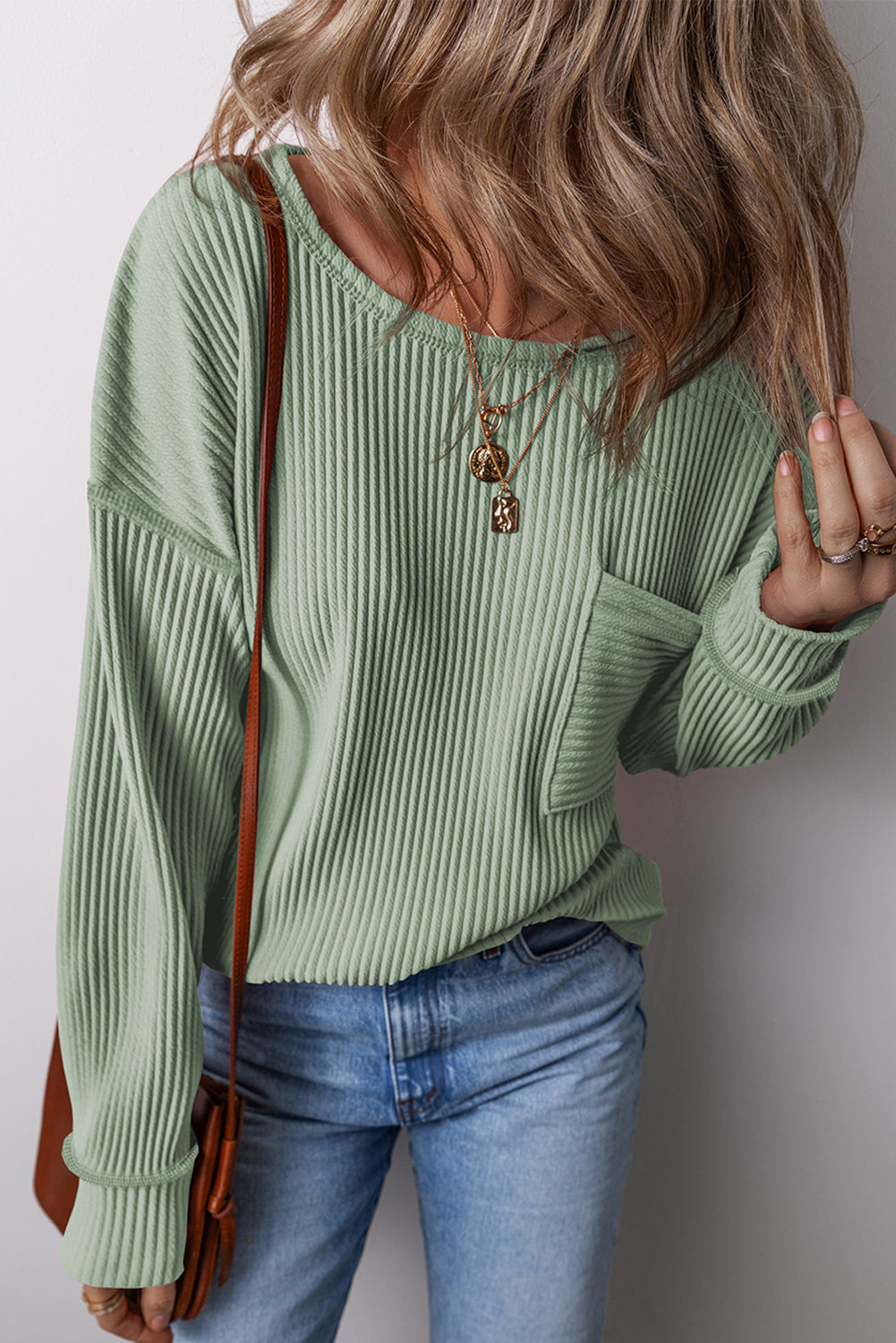 Clearly Aqua Solid Color Corded Drop Shoulder Long Sleeve Top Long Sleeve Tops JT's Designer Fashion
