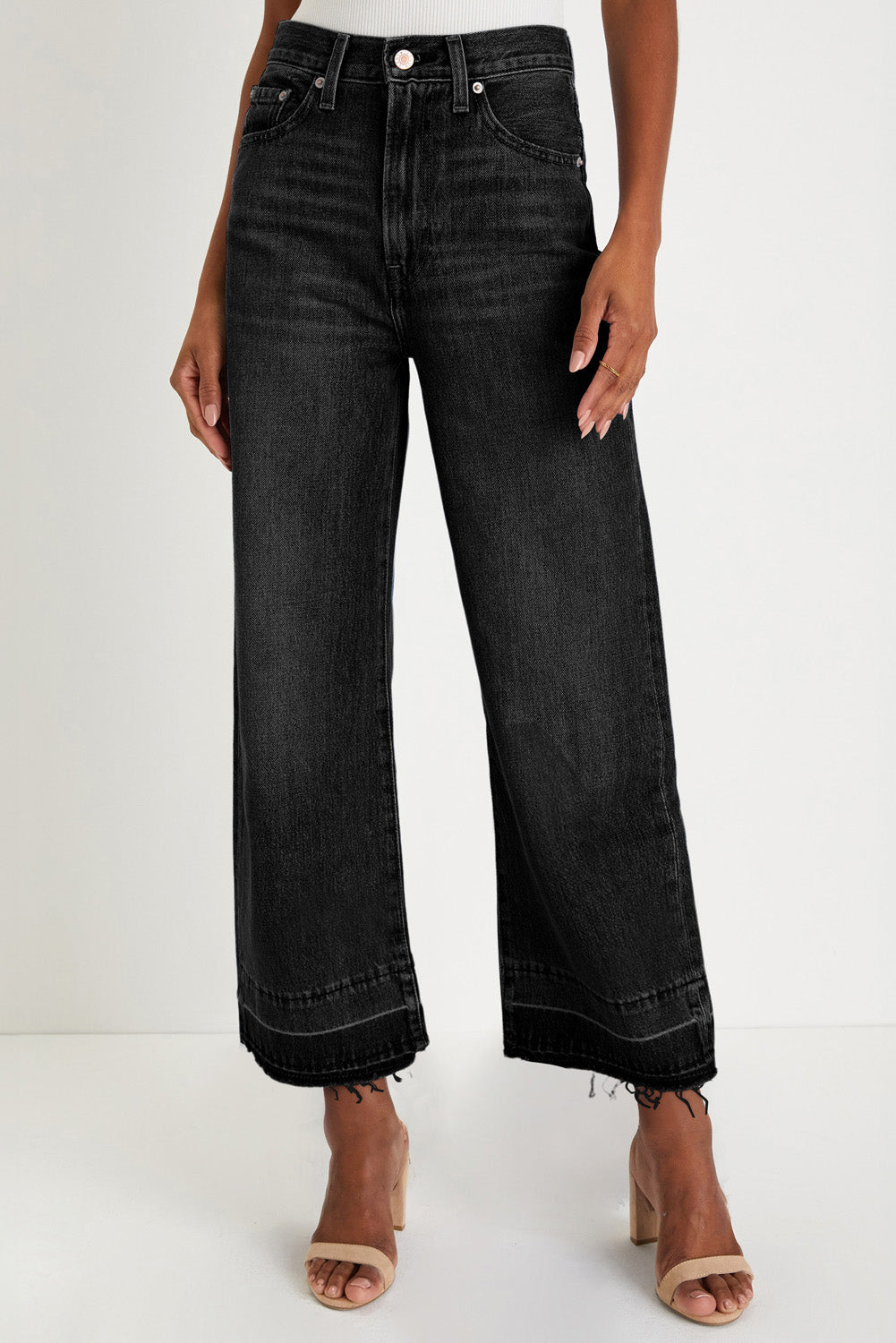 Black Raw Hem Straight Leg Loose High Waist Jeans Black 65%Cotton+33%Polyester+2%Elastane Jeans JT's Designer Fashion