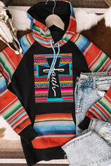 Multicolor Faith Western Serape Striped Patchwork Loose Hoodie Graphic Sweatshirts JT's Designer Fashion