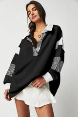 Black Striped Colorblock Patchwork Collar Sweatshirt Sweatshirts & Hoodies JT's Designer Fashion