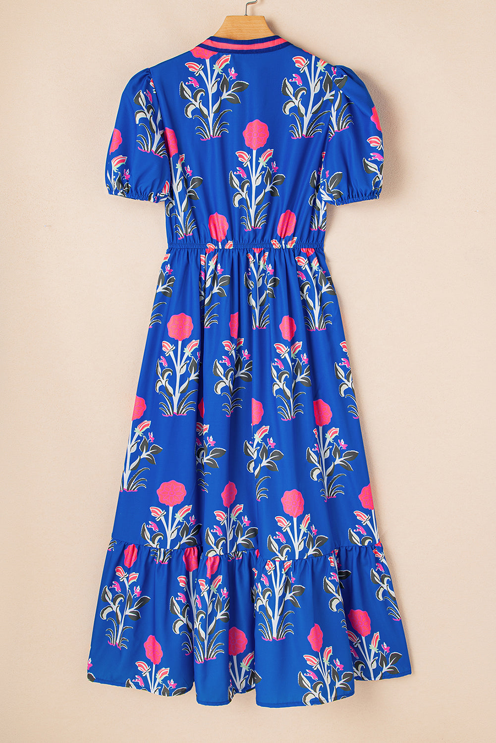 Sky Blue Floral Puff Short Sleeve V Neck High Waist Maxi Dress Floral Dresses JT's Designer Fashion
