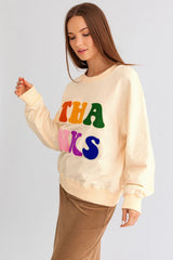 Apricot THANKS Chenille Embroidered Drop Shoulder Graphic Sweatshirt Sweatshirts & Hoodies JT's Designer Fashion