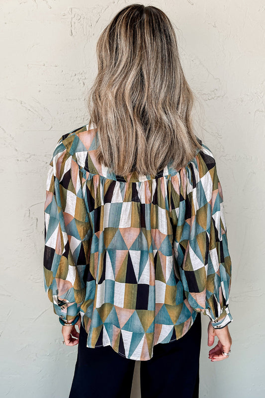 Green Geometric Print Buttoned Balloon Sleeve Loose Fit Shirt Blouses & Shirts JT's Designer Fashion