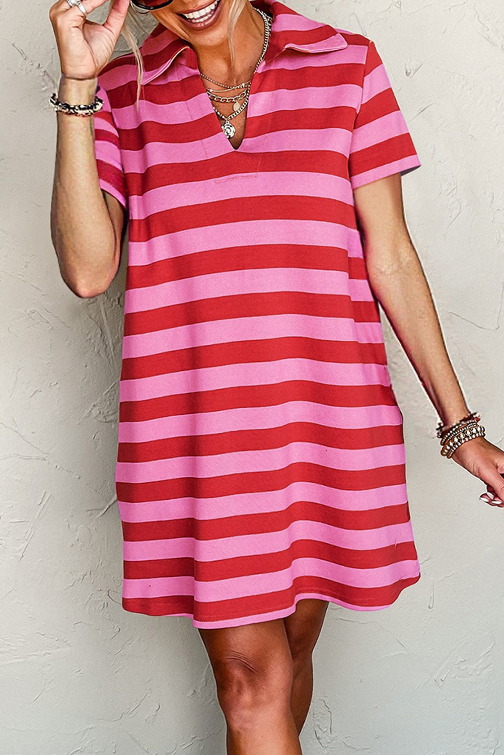 Red Stripe Textured Knit Collared V Neck Shift T Shirt Dress T Shirt Dresses JT's Designer Fashion