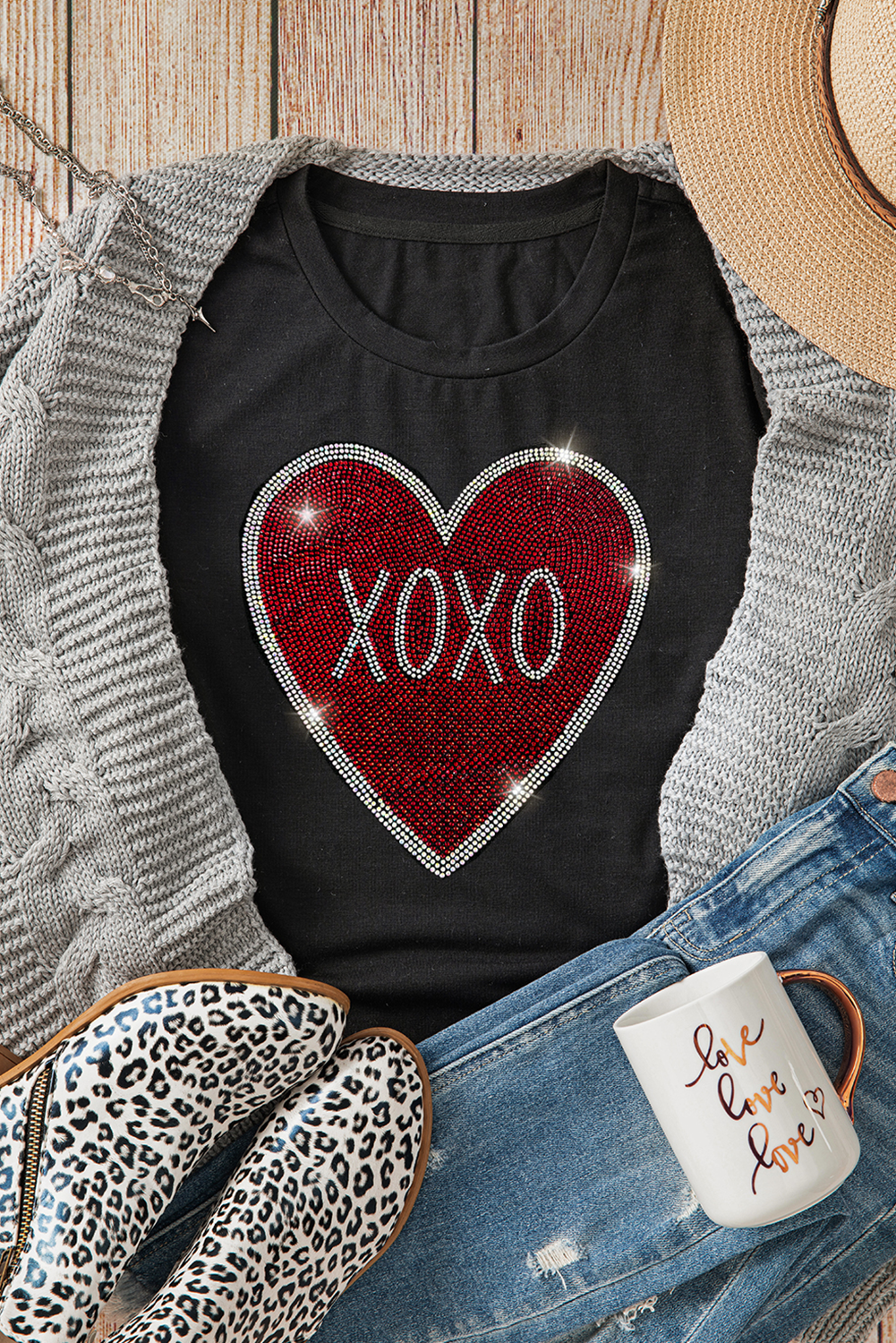 Black Rhinestone XOXO Heart Graphic Crewneck Tee Graphic Tees JT's Designer Fashion