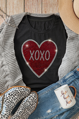 Black Rhinestone XOXO Heart Graphic Crewneck Tee Graphic Tees JT's Designer Fashion