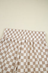 Khaki Checkered Long Sleeve Crop Top High Waist Skort 2pcs Set Short Sets JT's Designer Fashion