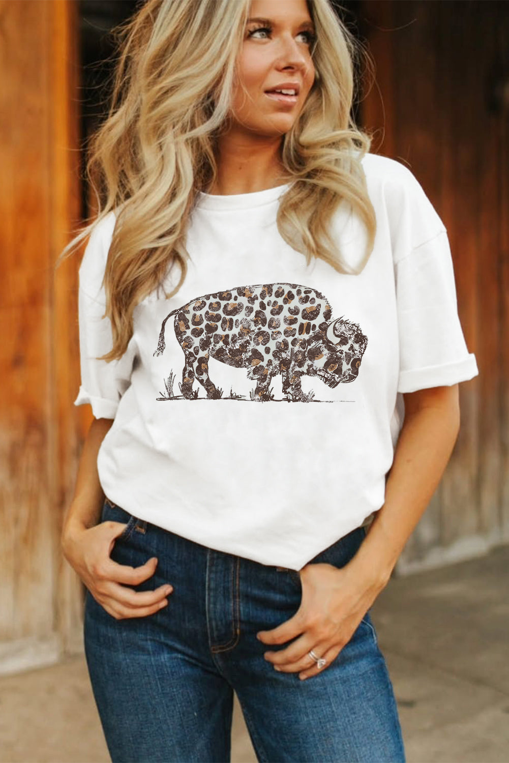 White Leopard Western Buffalo Graphic Tee Graphic Tees JT's Designer Fashion
