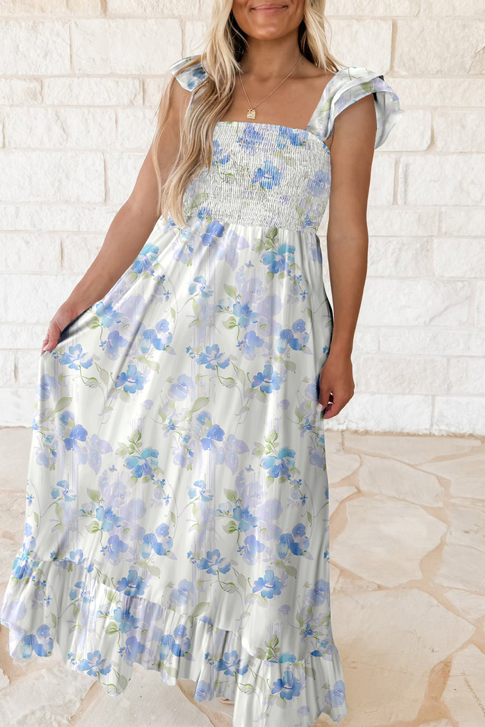 Sky Blue Floral Smocked High Waist Double Ruffle Sleeveless Long Dress Sky Blue 100%Polyester Maxi Dresses JT's Designer Fashion