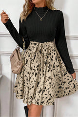 Black Ribbed Knit Patchwork Printed Belted A-line Dress Mini Dresses JT's Designer Fashion