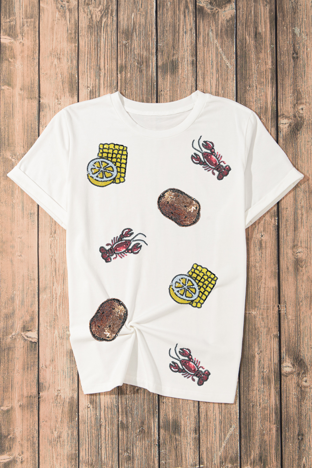 White Sequin Crawfish Potato Lemon Corn Graphic Crewneck T Shirt Graphic Tees JT's Designer Fashion
