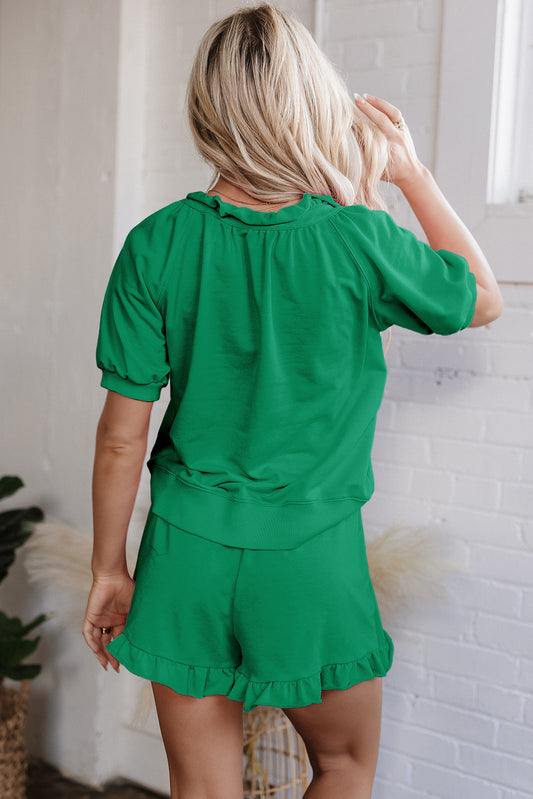 Sea Green Half Zip Puff Sleeve Top and Ruffled Shorts Set Short Sets JT's Designer Fashion