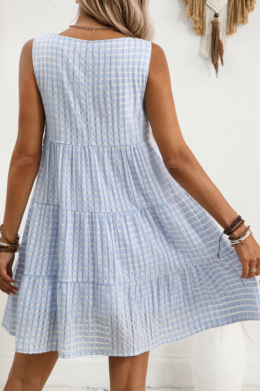 Light Blue Plaid Tiered A-line Sleeveless Mini Sundress Mini Dresses JT's Designer Fashion