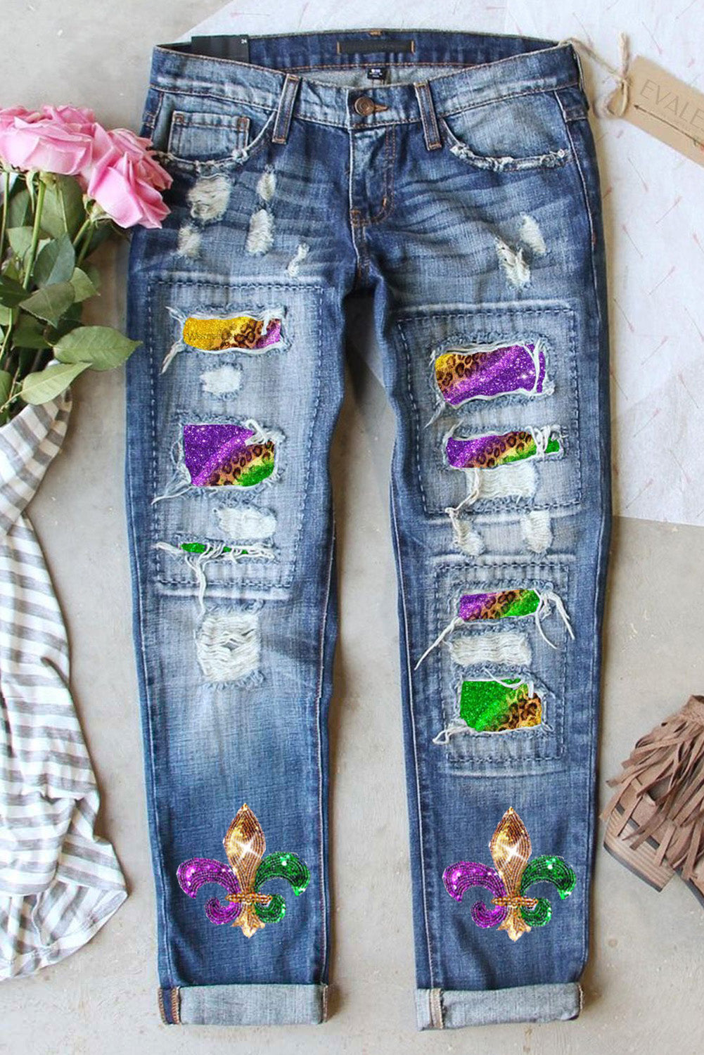 Sky Blue Shiny Mardi Gras Fleur-de-lis Patch Distressed Jeans Graphic Pants JT's Designer Fashion