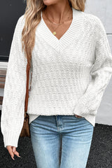 White Textured Knit Ribbed Edge V Neck Loose Sweater Sweaters JT's Designer Fashion