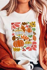 White Pumpkin Flower Print Fall Graphic Cotton Blend Tee Graphic Tees JT's Designer Fashion