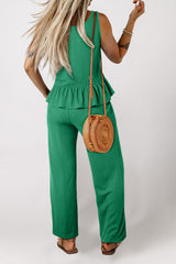 Green Solid Color Ribbed Ruffle Tank Top and Pants Set Pant Sets JT's Designer Fashion