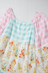 Pink Ric Rac Plaid Floral Print Patchwork Bubble Sleeve Dress Floral Dresses JT's Designer Fashion