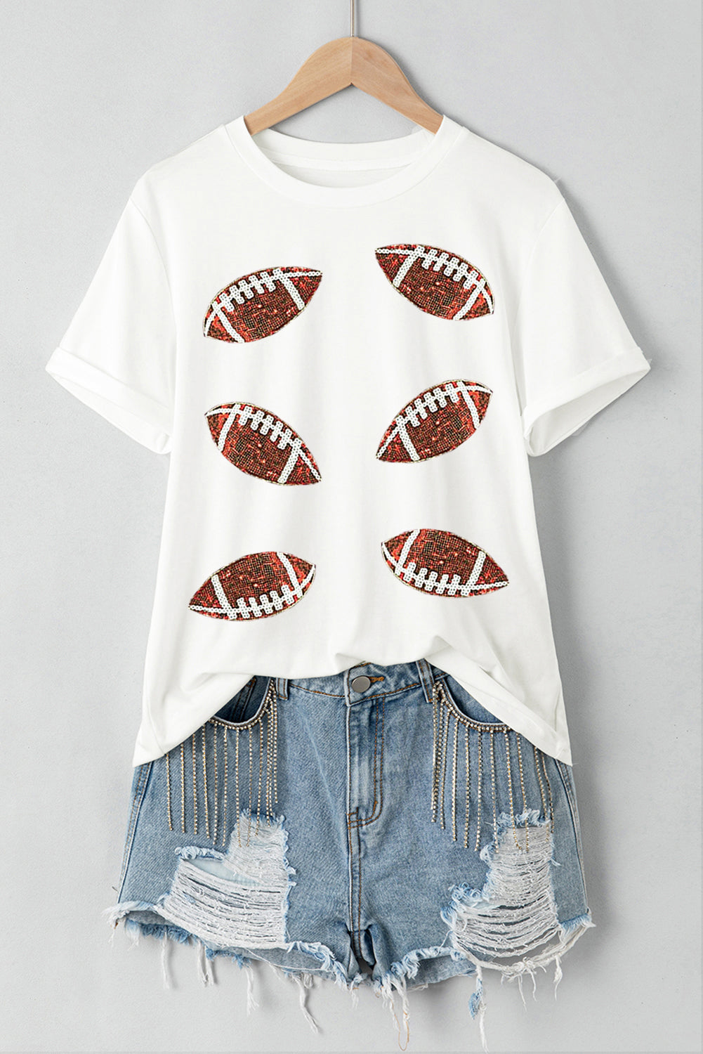 White Sequined Rugby Graphic Cotton T Shirt Graphic Tees JT's Designer Fashion