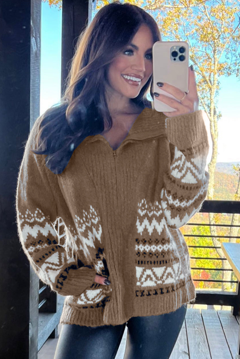 Brown Western Printed Ribbed Trim Collared Zip up Cardigan Cardigans JT's Designer Fashion