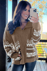 Brown Western Printed Ribbed Trim Collared Zip up Cardigan Cardigans JT's Designer Fashion