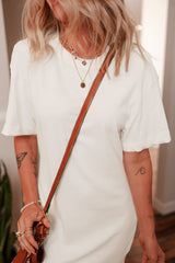 White Drop Shoulder Crew Neck Shift T Shirt Dress T Shirt Dresses JT's Designer Fashion