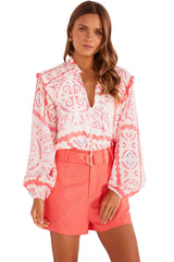 Desert Flower Vintage Print Smocked Poet Collar Billowy Blouson Sleeves Blouse Blouses & Shirts JT's Designer Fashion