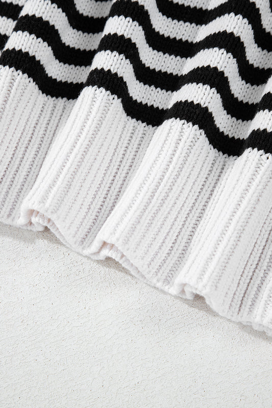 Black white Striped Drop Shoulder Bishop Sleeve Knit Sweater Sweaters JT's Designer Fashion