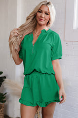 Sea Green Half Zip Puff Sleeve Top and Ruffled Shorts Set Short Sets JT's Designer Fashion