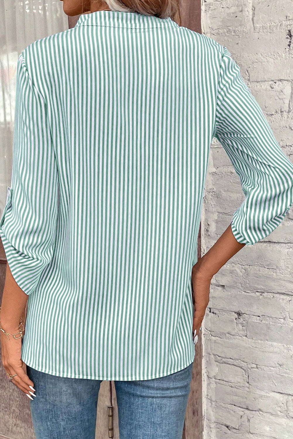 Green Stripe V Neck Roll Up Sleeve Pocket Patched Classic Shirt Blouses & Shirts JT's Designer Fashion