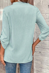 Green Stripe V Neck Roll Up Sleeve Pocket Patched Classic Shirt Blouses & Shirts JT's Designer Fashion