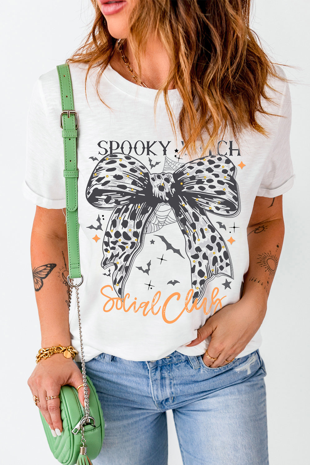 White SPOOKY WITCH Leopard Bowknot Bat Graphic Halloween T Shirt Graphic Tees JT's Designer Fashion