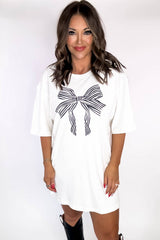 White Striped Bow Knot Half Sleeve Tunic T Shirt Graphic Tees JT's Designer Fashion