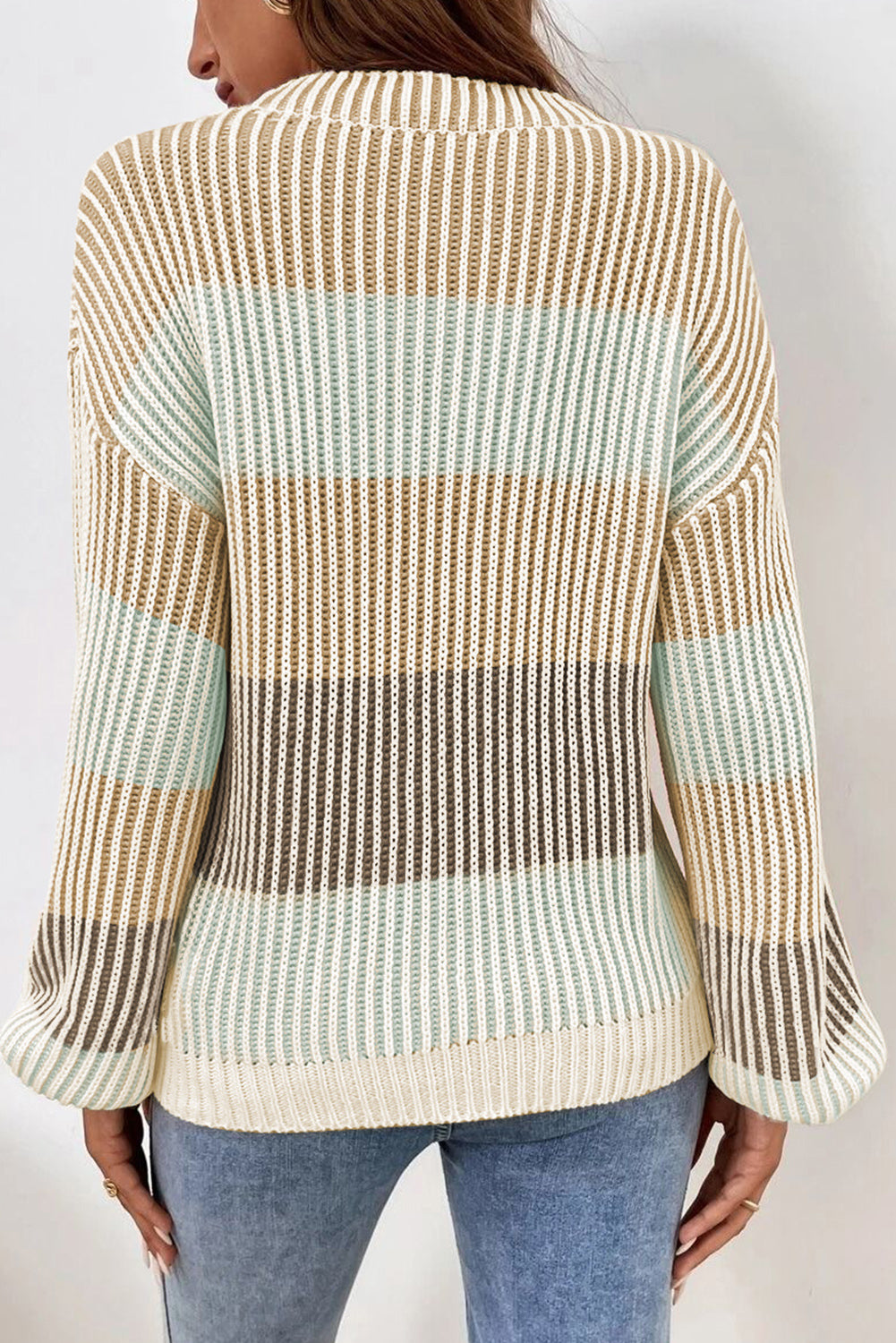 Brown Colorblock Textured Knit Bubble Sleeve Sweater Sweaters JT's Designer Fashion